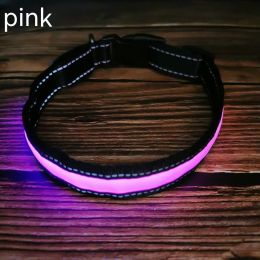 LED Luminous Dog Collar Highlight Reflective Leather Reflective Stripe Ribbon (Option: Pink-XS)