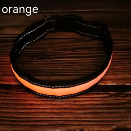 LED Luminous Dog Collar Highlight Reflective Leather Reflective Stripe Ribbon (Option: Orange-S)